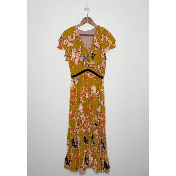 Johanna Ortiz Whiskey Sour Golden Blossom Velvet Trim Pleated Maxi Dress - Picture 5 of 15